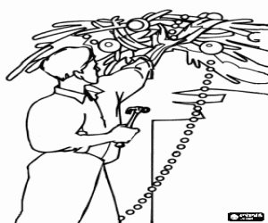 Coloriage Papa mettant le d�coration de No�l suspendus au mur
