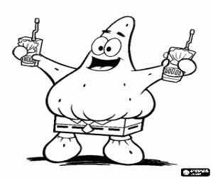 Coloriage Patrick l'�toile sur la plage avec deux verres � la main et habill� avec un pantalon de Bob
