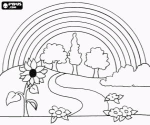 Coloriage Paysage au printemps avec des fleurs, des arbres et des arc-en-ciel