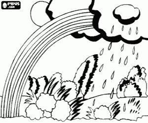 Coloriage Paysage avec arc-en-ciel, le soleil, les nuages et la pluie