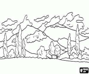 Coloriage Paysage avec des collines � l'arri�re-plan et les arbres � l'avant-plan