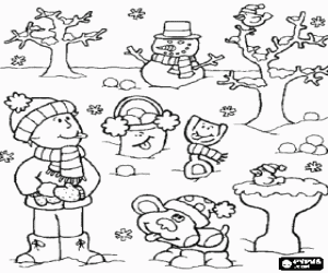 Coloriage Paysage d'hiver avec des enfants, le chien et le bonhomme de neige, tous les bien-abri