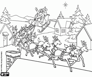Coloriage Paysage d'un village dans la nuit de No�l avec le P�re No�l dans son tra�neau et ses rennes magiques survolant les toits des maisons
