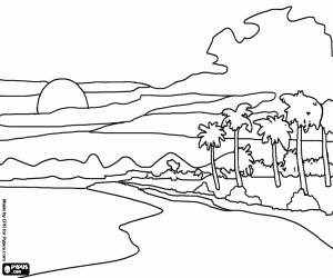Coloriage Paysage d'une �le tropicale avec palmiers et les montagnes en arri�re-plan nuages