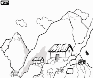 Coloriage Paysage de haute montagne avec des sommets enneig�s et des abris