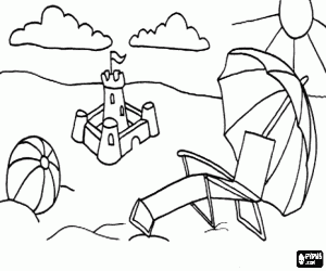 Coloriage Paysage de plage en �t� - Le soleil, chaises longues, des parasols, le ch�teau de sable et le gonflable balle