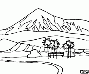 Coloriage Paysage d�sert, une oasis avec une montagne au fond