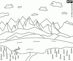 Coloriage Paysage du lac avec les montagnes en arri�re-plan et avec une maison et un petit bateau amarr�