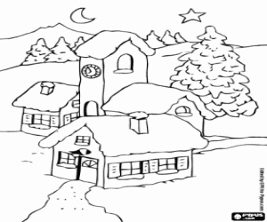 Coloriage Paysage du petit village de montagne avec la lune et l'�toile de No�l