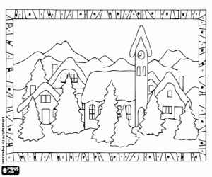 Coloriage Paysage encadr� d'un village � No�l