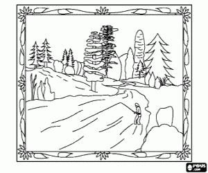 Coloriage P�che - P�cheur en rivi�re dans un paysage forestier
