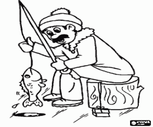 Coloriage P�che sur glace - P�cheur tirant un poisson de la glace