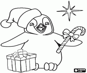 Coloriage Penguin avec un chapeau de P�re No�l, une bo�te-cadeau, de b�ton de bonbon et l'�toile de No�l