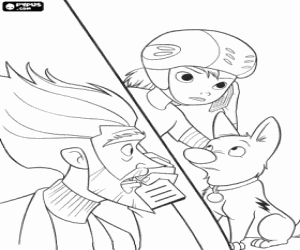 Coloriage Penny au t�l�phone avec son p�re, sous l'�il vigilant de Volt