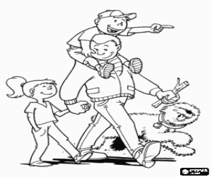 Coloriage P�re avec le petit fils sur les �paules et la fille plus grande a�n�e de la main dans la main en se promenant le chien