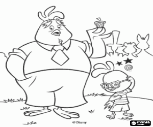 Coloriage P�re de Chicken Little, Buck Cluck, montrant que le gland est tomb� du ciel