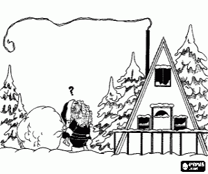 Coloriage P�re No�l avec un sac-cadeau g�ant devant d'une maison avec une chemin�e tr�s �troite