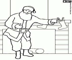 Coloriage P�re No�l de mettre des cadeaux en bas de pendaison � la chemin�e