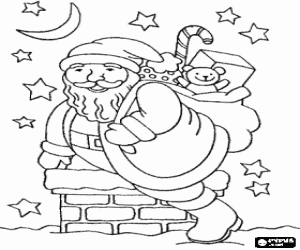 Coloriage P�re No�l descend de la chemin�e d'une maison dans la nuit de No�l avec un sac plein de jouets