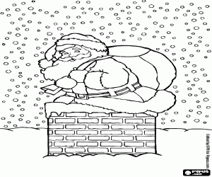 Coloriage P�re No�l descend de la chemin�e sous une forte chute de neige