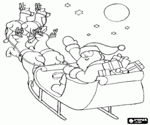 Coloriage P�re N�el en agitant sa main du tra�neau magique charg� de cadeaux
