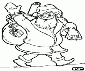 Coloriage P�re No�l en saluant avec la main et portant le gros sac de cadeaux