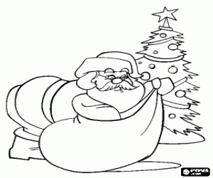 Coloriage P�re No�l ou Papa No�l � la reserche d'un cadeau dans le sac pour �tre laiss� sous l'arbre de No�l