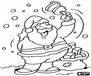 Coloriage P�re No�l ou Santa Claus en riant et en sonnant le cloche dans la neige