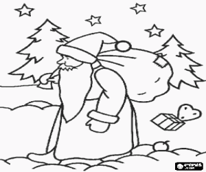 Coloriage P�re No�l transportant le gros sac de cadeaux de No�l dans la for�t sous un ciel �toil�
