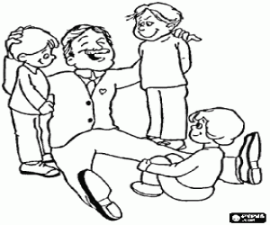 Coloriage P�re ou papa assis sur le sol avec leurs enfants
