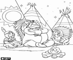 Coloriage Peter Pan dans le camp de la tribu indienne Piccaninny avec la jeune princesse Lily La Tigresse et son p�re, le chef indien