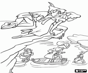 Coloriage Peter Pan et Wendy regardant comme les pirates quitter le prisonniere sur un petit rocher au milieu de l'eau