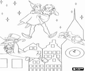 Coloriage Peter Pan, Wendy, John et Michael voleant dans le ciel de Londres