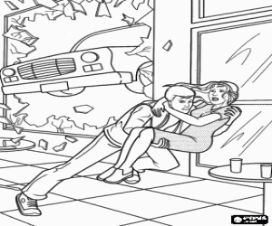 Coloriage Peter Parker de sauver une jeune fille d'�tre heurt� par une voiture qui entre par la fen�tre