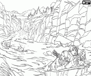 Coloriage Peter, Susan et Lucy en �chappant par le fleuve de la pers�cution des loups, les policiers de la Sorcier Blanche 