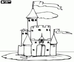 Coloriage Petit ch�teau avec une haute tour avec drapeau