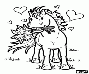 Coloriage Petit cheval avec un bouquet de fleurs dans la bouche et entour� de c�urs