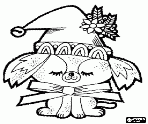 Coloriage Petit chien �l�gant pour les festivit�s de No�l avec bonnet et un grand ruban