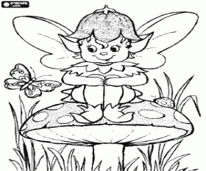 Coloriage Petit elfe ou lutin assis sur un champignon en regardant le vol d'un papillon