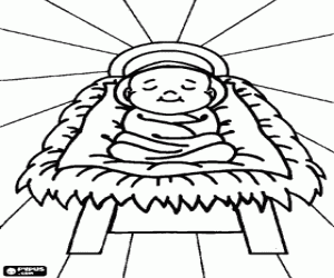 Coloriage Petit J�sus, l'Enfant J�sus, couch� dans la mangeoire