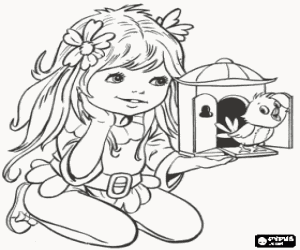Coloriage Petite fille avec des fleurs dans ses cheveux, e un oiseau chantant