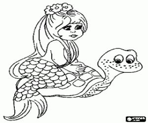 Coloriage Petite Sir�ne � cheval sur une tortue de mer