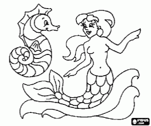 Coloriage Petite sir�ne avec un cheval de mer