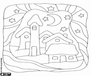 Coloriage Petite ville avec le ciel plein d'�toiles � la nuit de le r�veillon de No�l