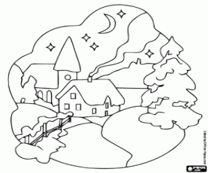 Coloriage Petite ville compl�tement neig� la veille de No�l