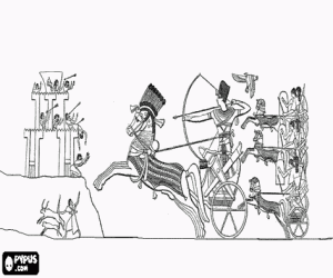 Coloriage Pharaon, roi d'�gypte, et ses soldats avec leurs chars de guerre dans une attaque contre le fort, accompagn� d'un vol d'ibis