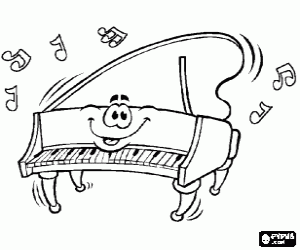 Coloriage Piano � queue en rendant de la musique avec la couverture lev�e, avec une visage heureuse