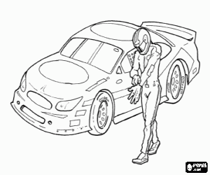 Coloriage Pilote de rallye avec son v�hicule pr�t pour la comp�tition