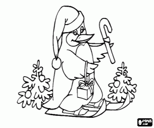 Coloriage Pingouin habill� en P�re No�l sur les skis portant un don et une canne en sucre