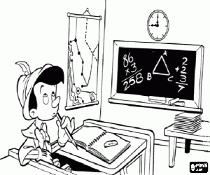 Coloriage Pinocchio � le pupitre et en �tudiant � l'�cole